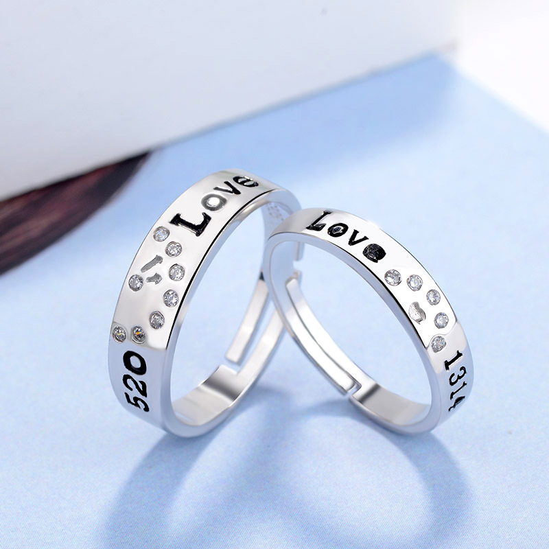 s925纯银戒 韩版简约5201314情侣戒指对戒 开口可调节指环银饰品