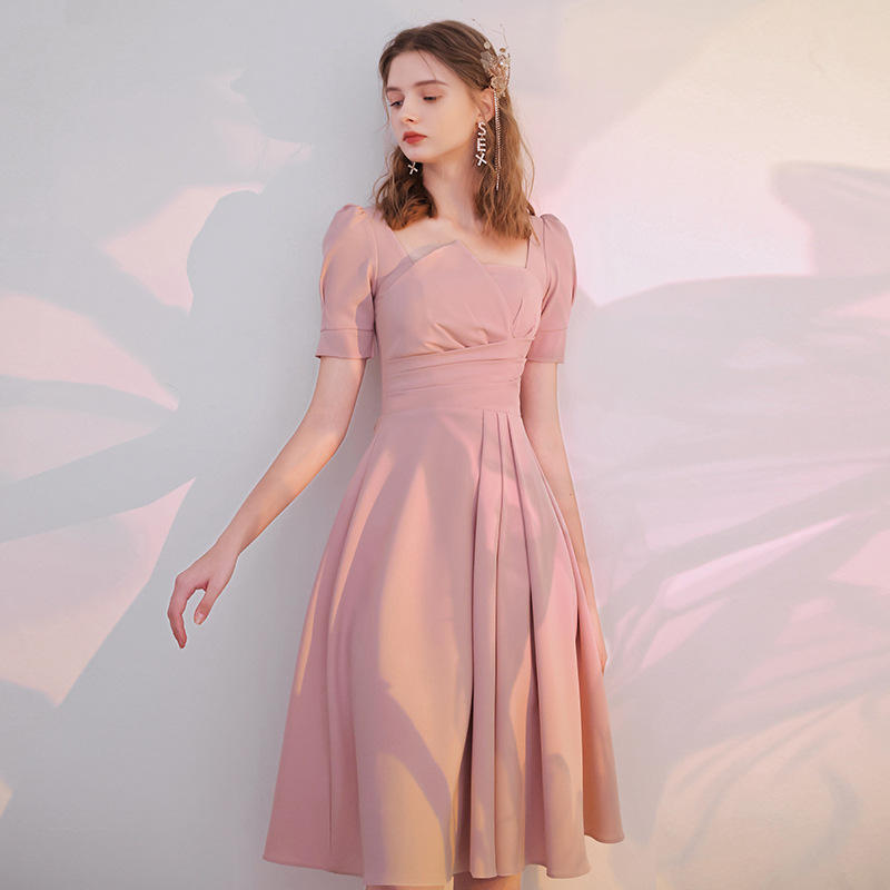 订婚小礼服裙粉色伴娘服平时可穿敬酒回门便装参加婚礼连衣裙夏季