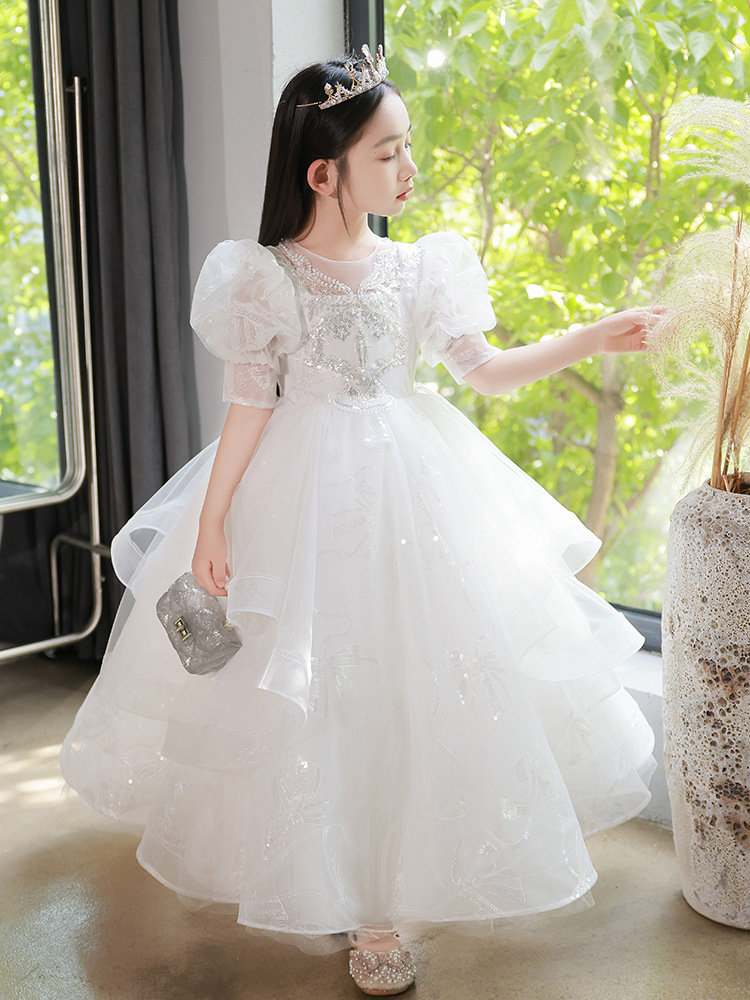 花童儿童主持人礼服女高端生日公主裙钢琴演奏演出服白色纱裙女童
