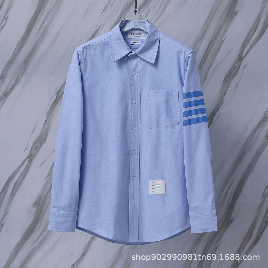 欧货高货男士tb衬衫新季新款单袖蓝色四条杠织带款开衫三标齐全