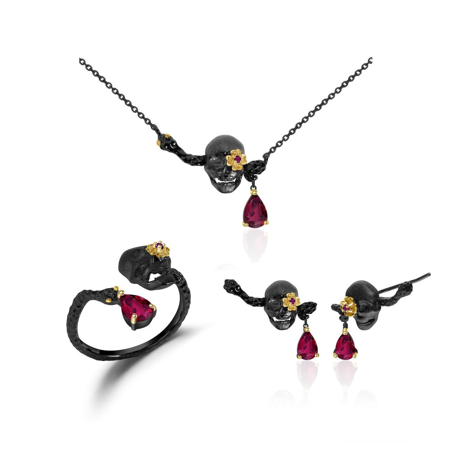 暗黑系设计师款骷髅首饰三件套 万圣节套装925银宝石戒指耳环吊坠