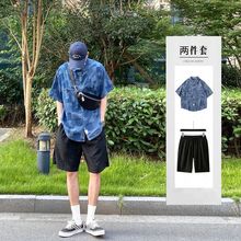 二件套日系复古格子短袖牛仔衬衫男夏季宽松衬衫短裤潮牌休闲套装