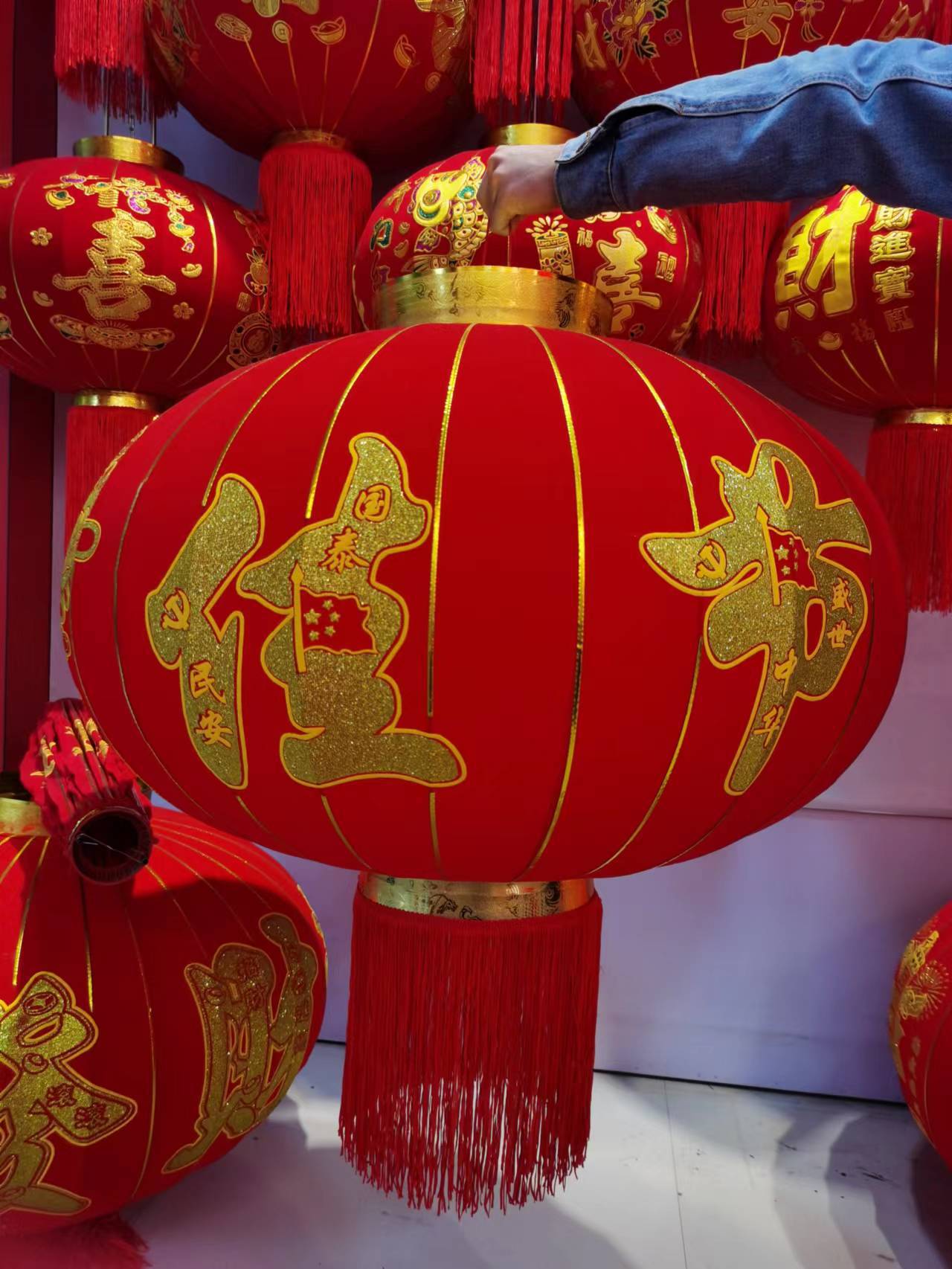 年货春节灯笼公司大门口植绒灯笼120恭喜发财大灯笼义乌厂家批发