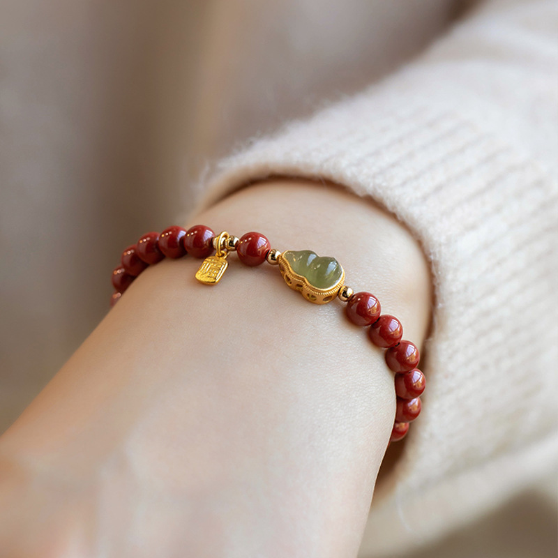 Cinnabar Bracelet Female Birth Year Safety Gourd Gold Inlaid with Jade Bracelet Fu Lu Fortune Ancient Style String Beads Summer Ornament