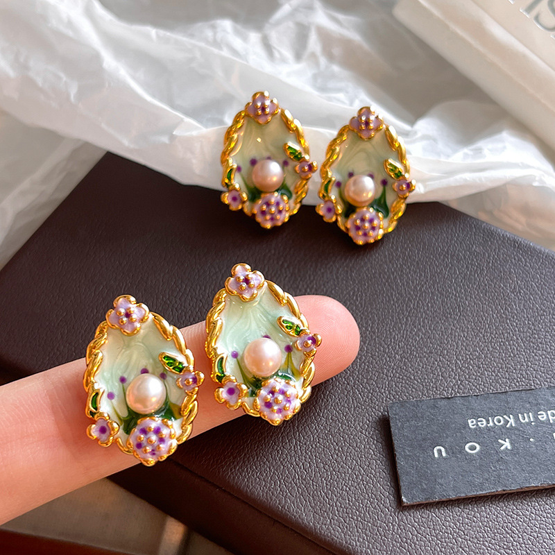 925 sterling silver needle french retro high-grade flower stud earrings 18k real gold electroplated jardin monet pearl earrings for women