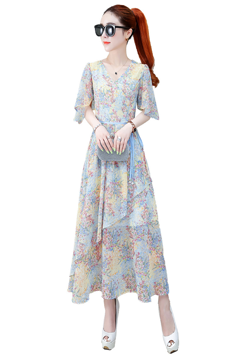 2021新款法式复古连衣裙洋气荷叶边长款女裙印花连衣裙夏宽松碎花