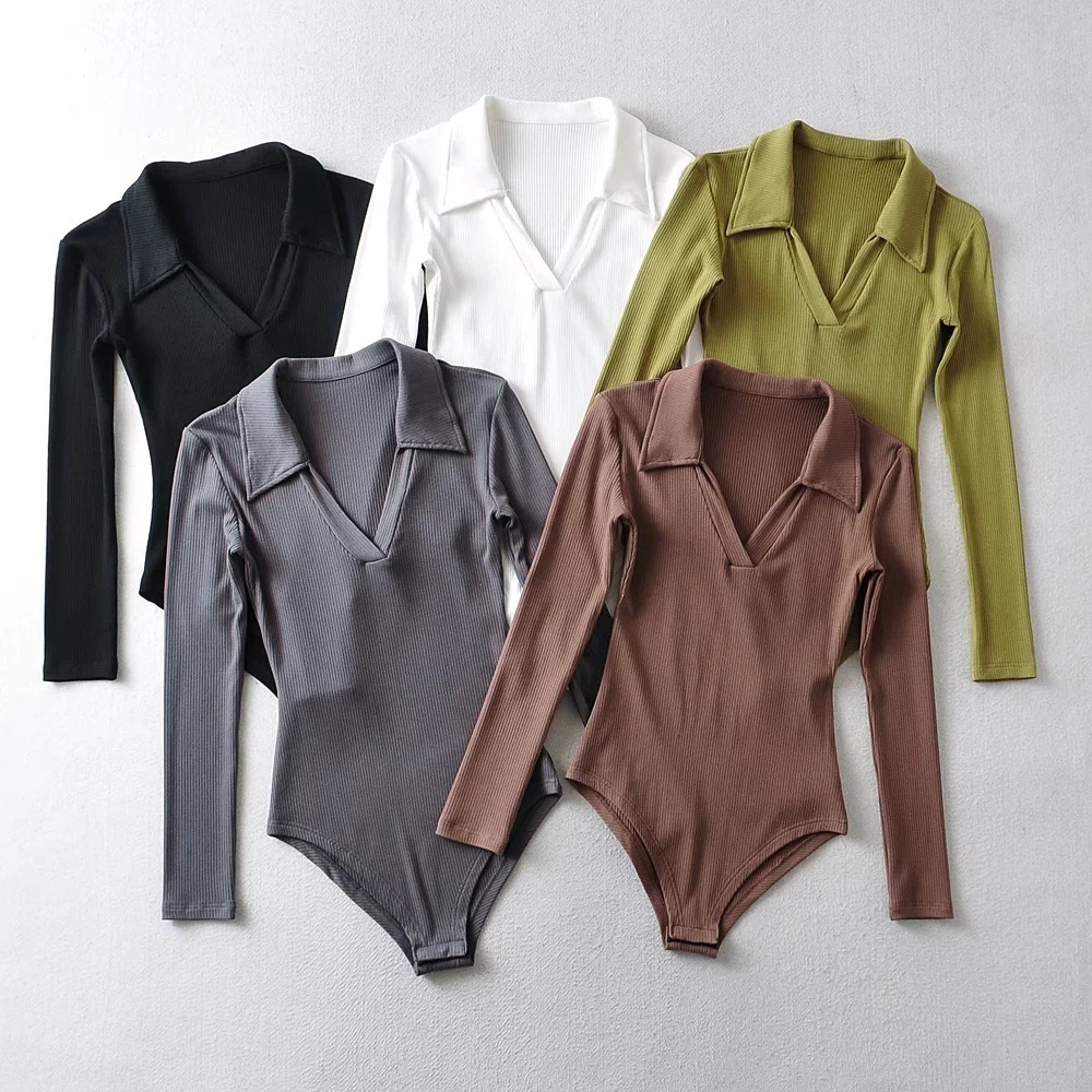 polo领纯色弹力连体裤潮流欧美风女装春季新款开档紧身连体衣