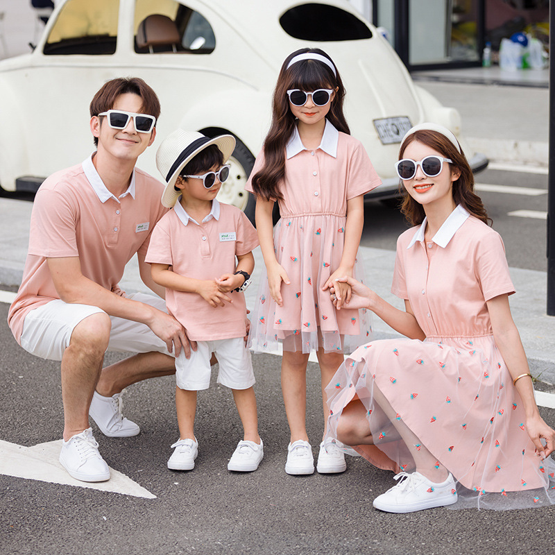 亲子装夏装2021新款潮一家三口四口母子母女炸街polo衫网纱连衣裙