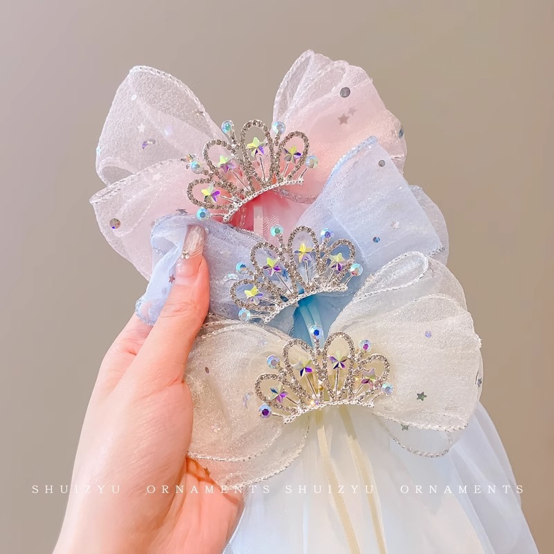 网纱蝴蝶结皇冠发夹女童公主飘带发卡儿童顶夹后脑勺头纱女孩头饰