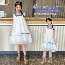 女童连衣裙夏季新款公主裙洋气时髦儿童中大童方领短袖钻石雪纺裙