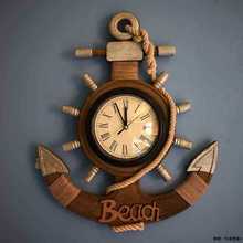 地中海风格复古做旧船锚挂钟墙面装饰品挂件木质船舵创意静音钟表