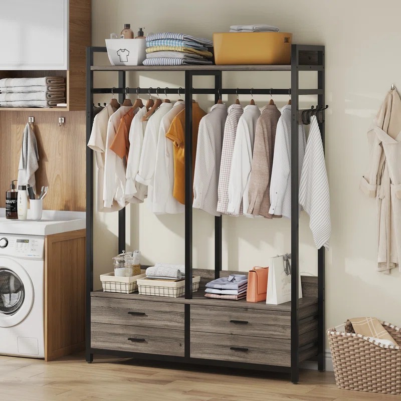 跨境美式复古卧室衣帽架玄关挂衣架带布抽收纳架钢木家具定制