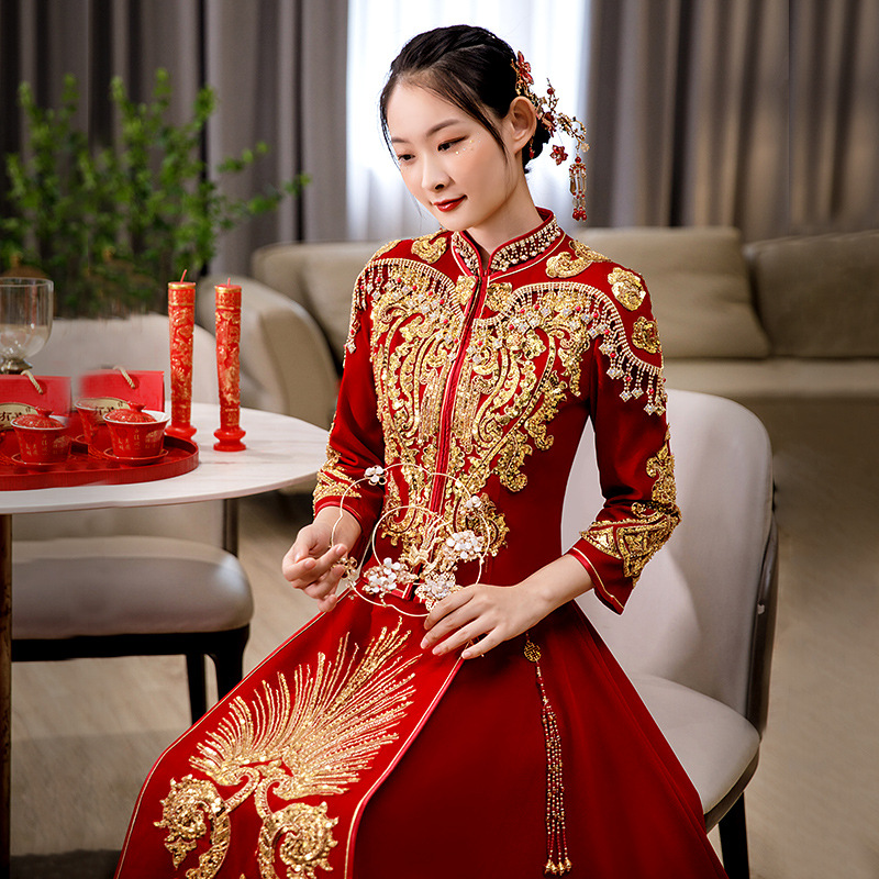 重工丝绒款秀禾服2021年新娘新款中式新娘结婚礼服凤冠霞帔女秋冬