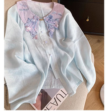 新中式国风蓝色刺绣娃娃领衬衫女2024春新设计感小众改良汉服上衣