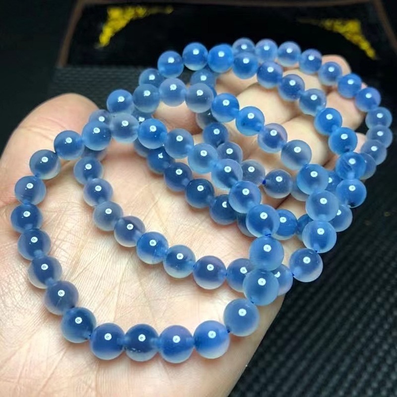 天然蓝糖心玛瑙圆珠手链 女款水晶手串礼物 蓝色蓝沁冰透水润