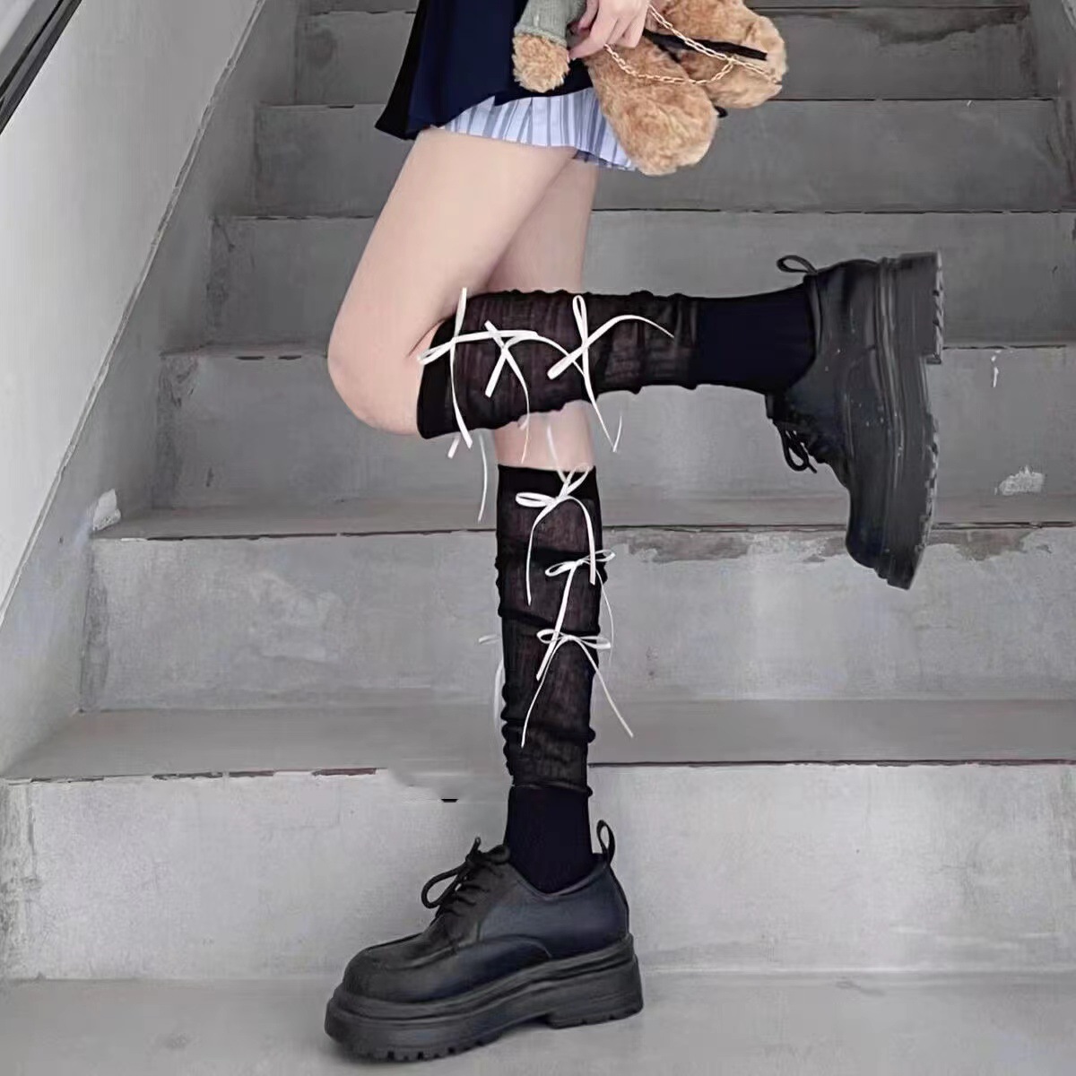 活动款jk小腿袜薄款飘带蝴蝶结高颜值芭蕾风网眼拼接洛丽塔过膝袜