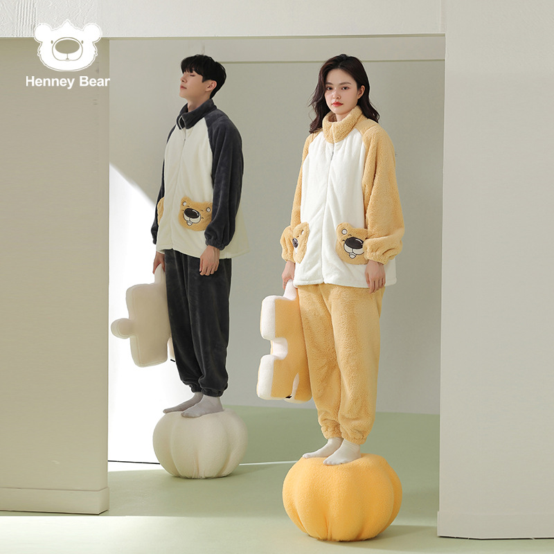 【轩尼小熊联名】秋冬季贵妃绒情侣睡衣女冬珊瑚绒加厚保暖家居服