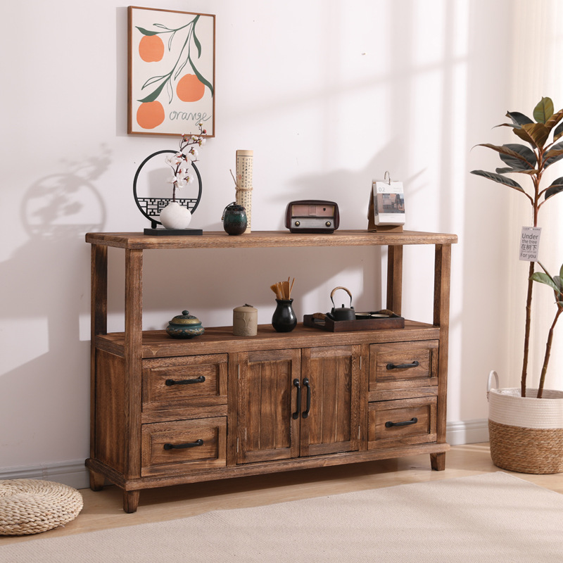 6buj美式餐边柜实木茶水柜复古做旧客厅收纳柜子储物柜玄关柜阳台