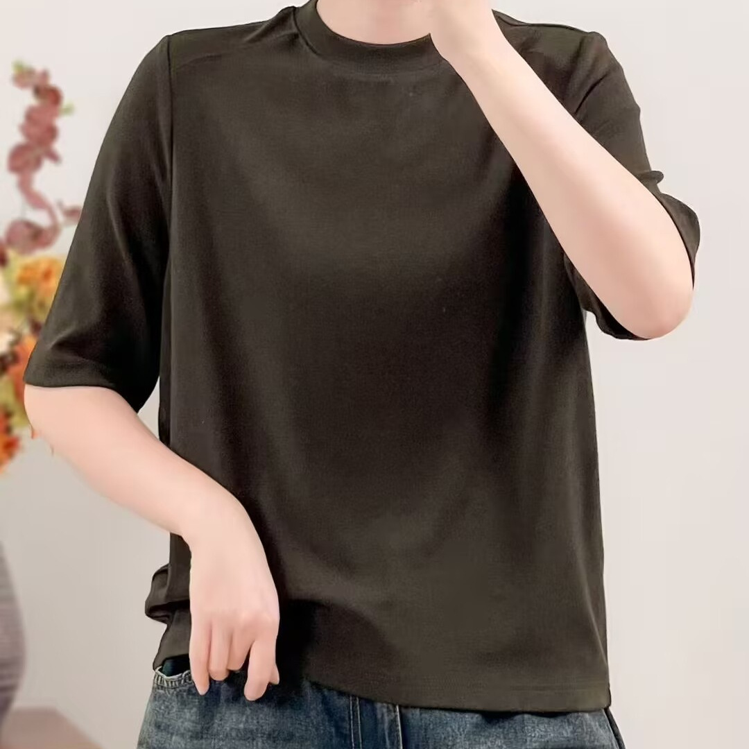 棉半高领t恤女五分袖休闲宽松显瘦叠打底衫中袖上衣
