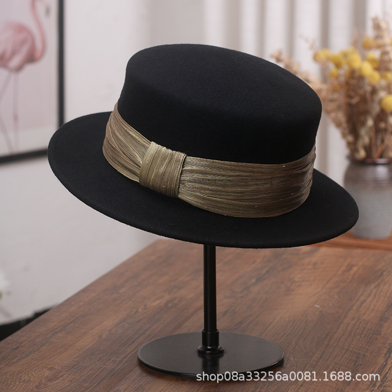 法式羊毛呢平檐礼帽女士秋冬高档真丝麻平顶帽子英伦复古爵士帽潮