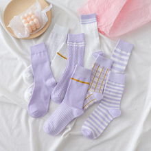 紫色系袜子女中筒袜四季薄款条纹袜子运动袜学院风长筒袜一件代发