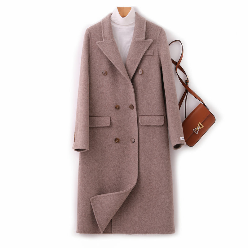 天丝绒双面羊绒大衣女2023春冬新款韩版阿尔巴卡长款毛呢外套加厚