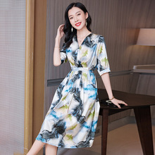 真丝连衣裙水墨油画印花系列 韩版时尚气质优雅高端重磅桑蚕丝裙