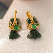 国潮新中式绿色流苏扇子耳环优雅复古高级感多戴设计感精致耳扣