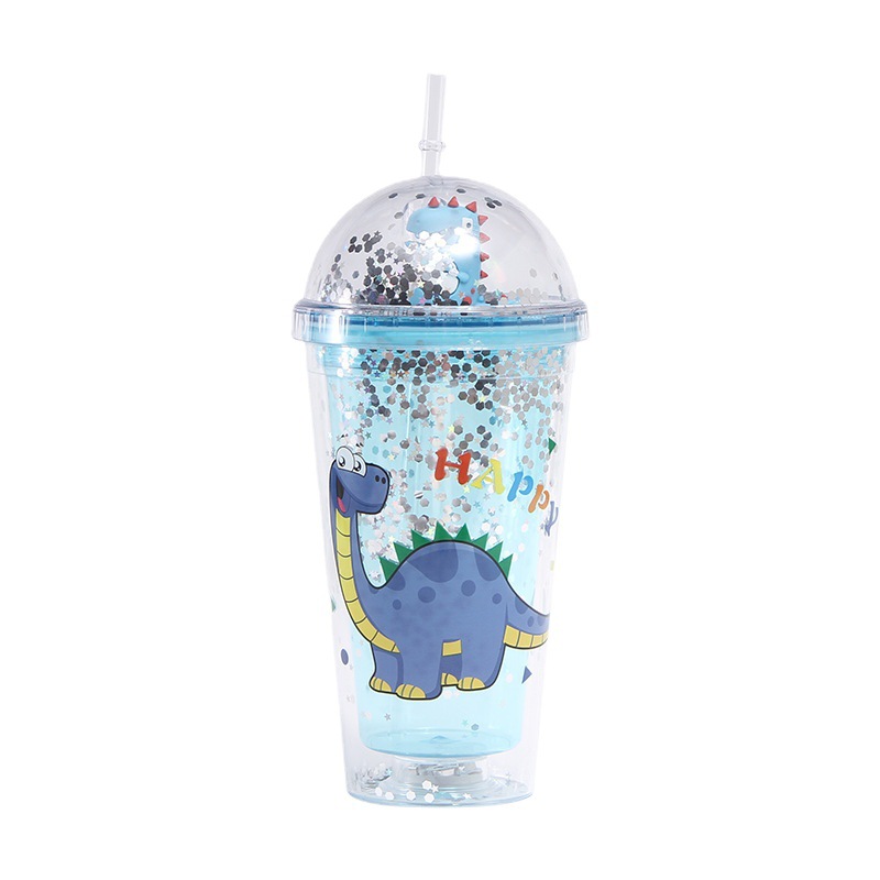 New Cartoon Double-Layer Plastic Cup Creative Dinosaur Doll Water Cup Men and Women Student Straw Cup with Lights