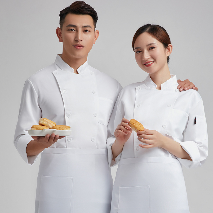中西餐厅厨师服酒店饭店厨房服装纯白色双排扣厨师工作服短袖衣服