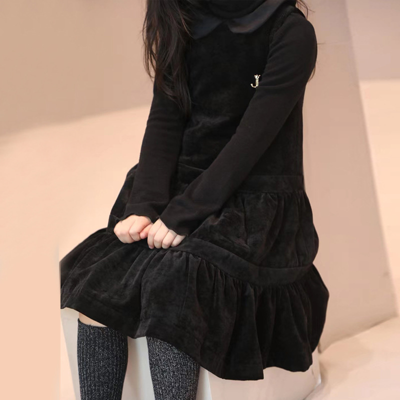 韩国童装女童背心裙秋冬黑色儿童连衣裙小中大童a字吊带裙