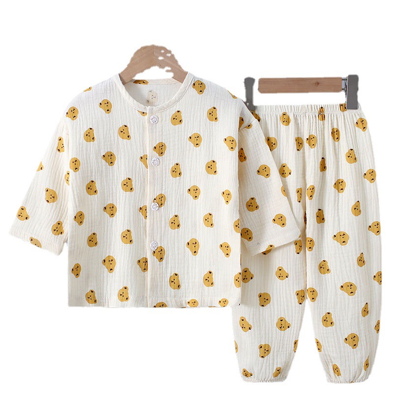 Spring Summer Cotton Gauze Boys and Girls Pajamas Long-Sleeved Children's Korean-Style Spring and Autumn Homewear Baby Suit Wholesale