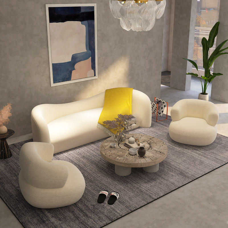 轻奢弧形现代简约接待美容院客厅小户型羊羔绒设计师异形布艺沙发