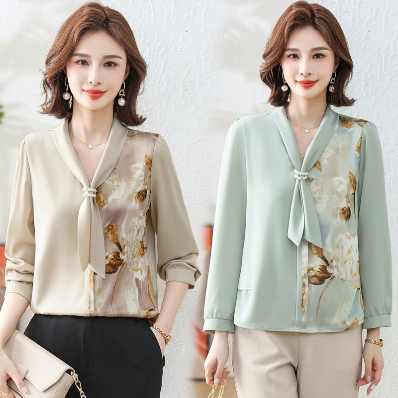 Mom Spring and Autumn Western Style Small Shirt New Chiffon Shirt Middle-Aged and Elderly Women's Clothing Noble Lady Fall Winter Fashion Bottoming Top