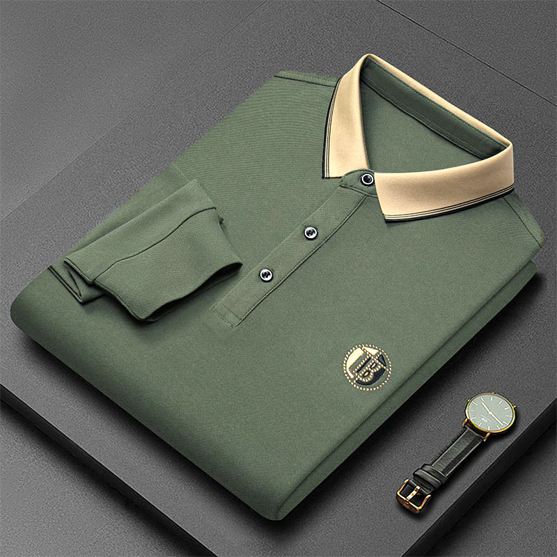 Spring and Autumn New Men's Long-Sleeved Polo Shirt Casual Loose Lapels Embroidered T-shirt Business Breathable Top Men's Clothing