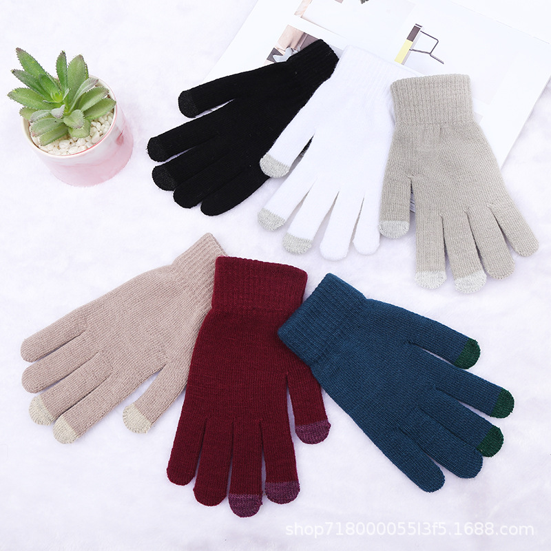 Winter Warm Gloves Women's Men's Sports Cold-Proof Wool Knitted Gloves Solid Color Touchpad Sensible Gloves Wholesale Custom