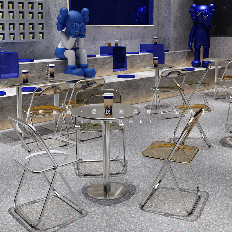Industrial Style Coffee Shop Milk Tea Shop Stainless Steel Table and Chair Combination Internet Celebrity Dessert Snack Shop Transparent Folding Chair Commercial