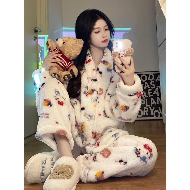 秋冬季珊瑚绒睡衣女ins日系少女可爱小熊法兰绒保暖可外穿家居服.
