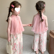 女童夏季套装2025新款儿童洋气女宝宝网纱无袖郁金香阔腿裤两件套