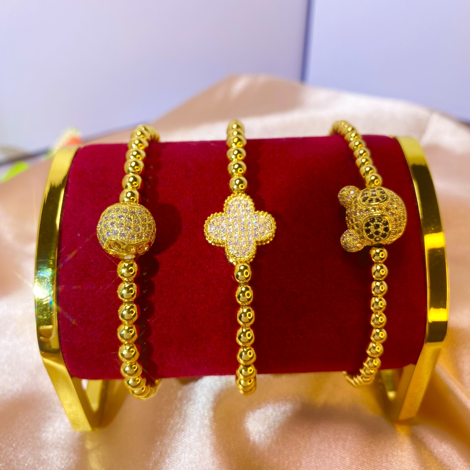 仿黄金24k简约转运金珠铜镀微镶锆石手链女不掉色沙金首饰批发