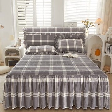 6n新款水洗棉格子夹棉床裙单件纯棉加厚床罩套带裙边床单床围罩
