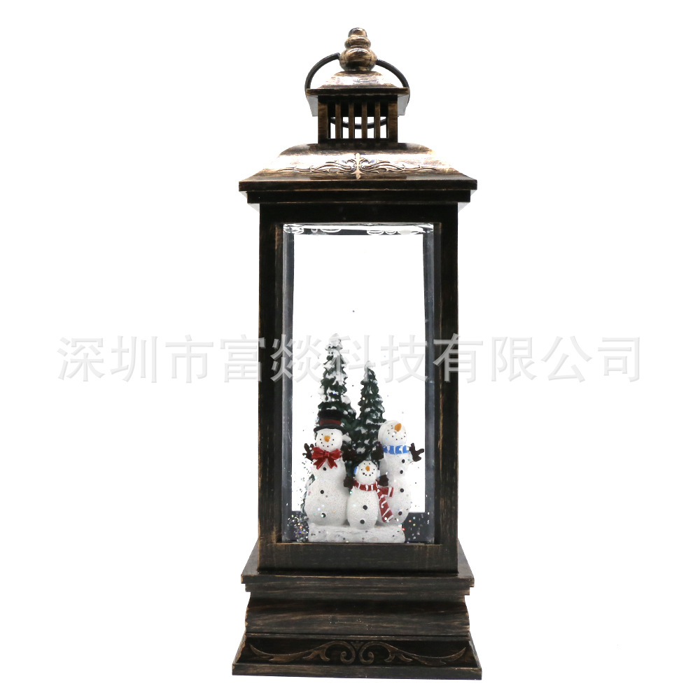 Antique Christmas Black Brushed Gold Interior Christmas Snowman Music Crystal Storm Lantern Retro Portable Small Night Lamp Ornaments