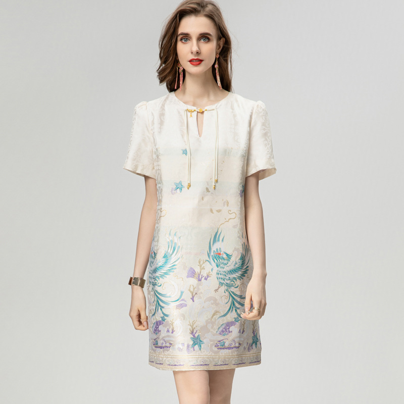 国风裙子女装圆领凤凰印花短袖日常通勤连衣裙夏秋女装新款2024