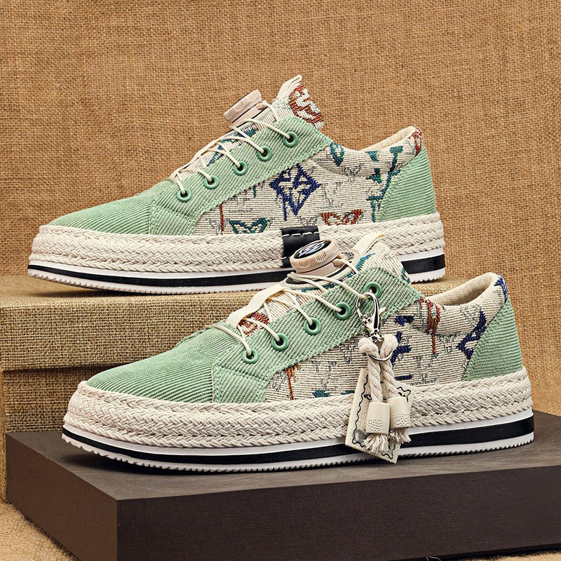 夏季板鞋学生灯芯绒老布鞋男款2024夏季男鞋草编旋转扣男士渔夫潮