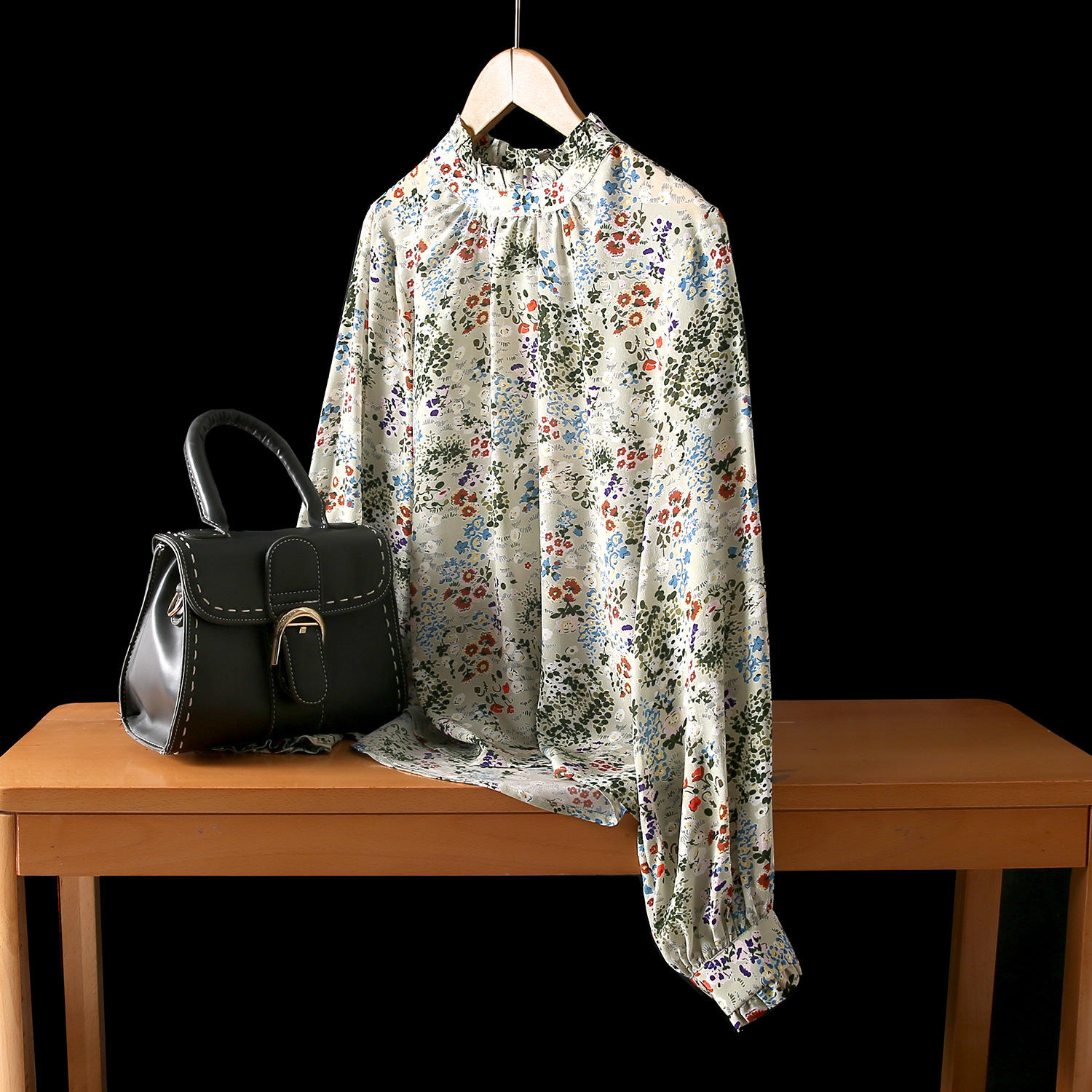 100桑蚕丝真丝双绉木耳边小碎花长袖t恤套头娃娃衫衬衣女春秋新款