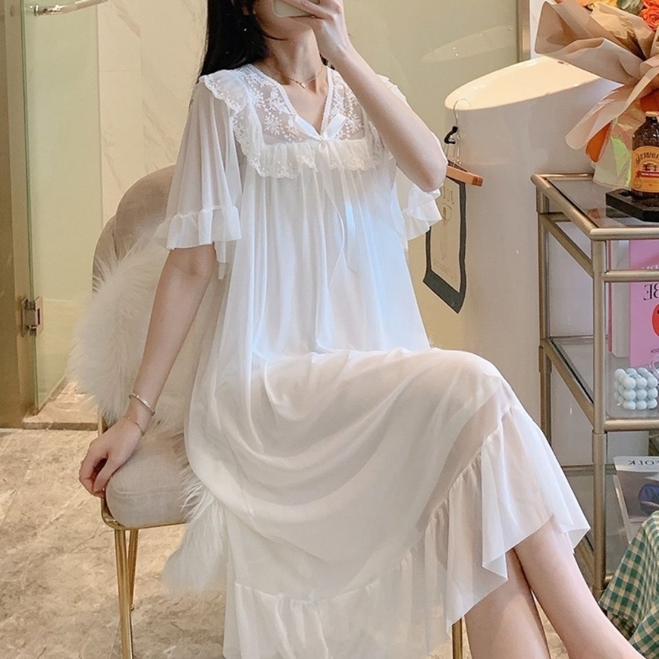 大码白色宫廷风公主睡裙夏季薄款甜美可爱睡衣性感网纱冰丝家居服