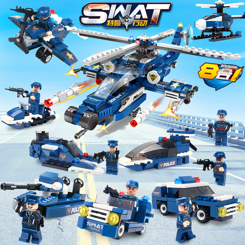明迪兼容乐高小颗粒积木八合一特警行动儿童玩具益智拼装一件代发