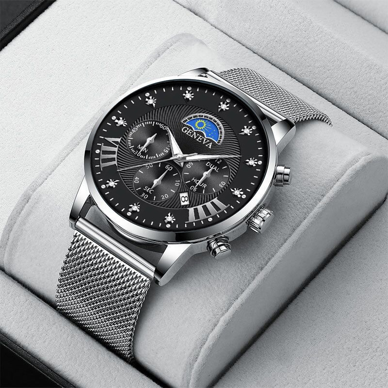 厂家直供新款日月星辰镶钻男士网带手表假三眼日历石英表男款代发