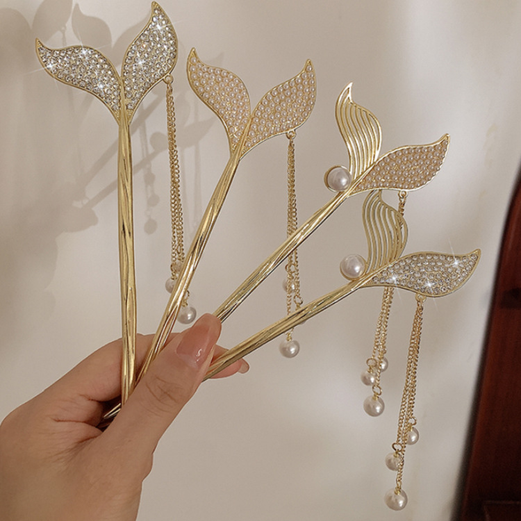鱼尾盘发发簪高级感美人鱼尾流苏发簪珍珠水钻仙女盘发神器头饰