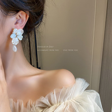 925银针镶钻水晶珍珠花瓣耳坠欧美网红时尚设计耳环ins风气质耳饰